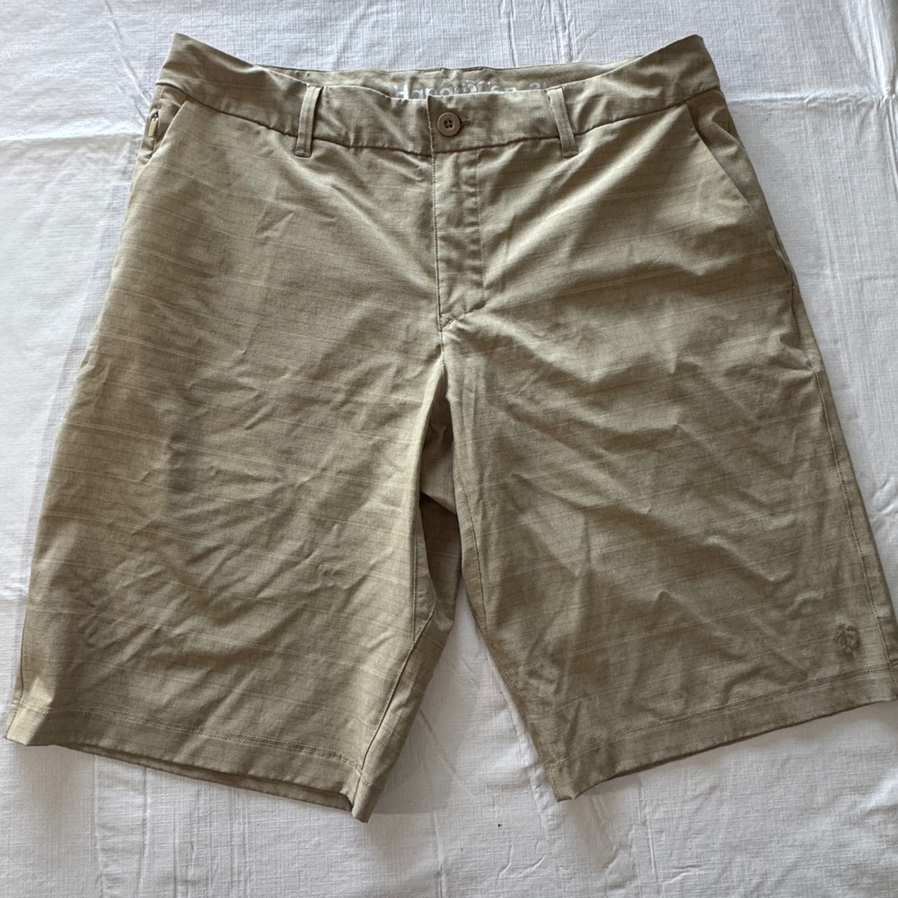 Hang Ten Mens Hybrid Shorts Khaki Tan Flat Front Casual Stretch‎ Size 34